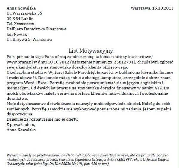 Dokumenty aplikacyjne, Profesjonalny List motywacyjny, 